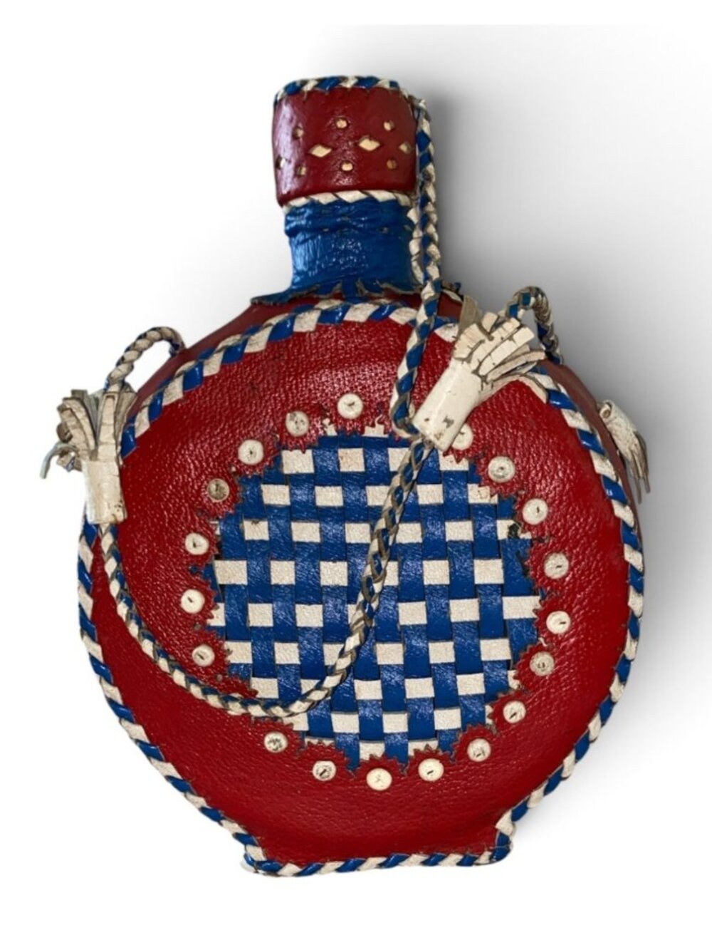 Mid-Century European Folk Art Leather Wrapped Glass Flask From Yugoslavia Red/Wh